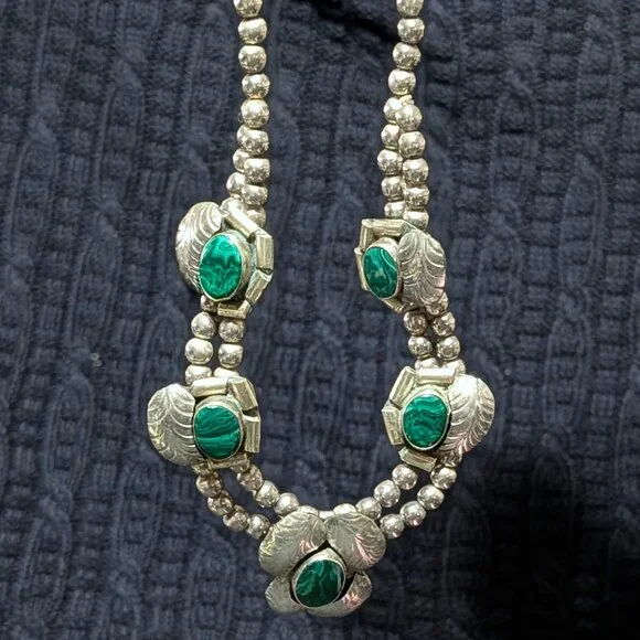 Lg Estate 1960s Native Mexican Malachite Dbl Strand Sterling Silver 18" Necklace - Picture 2 of 4